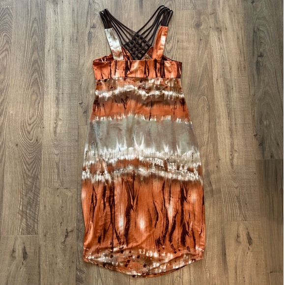 VTG y2k beaded neckine burnt orange water‎ color bodycon midi dress M - Picture 2 of 8